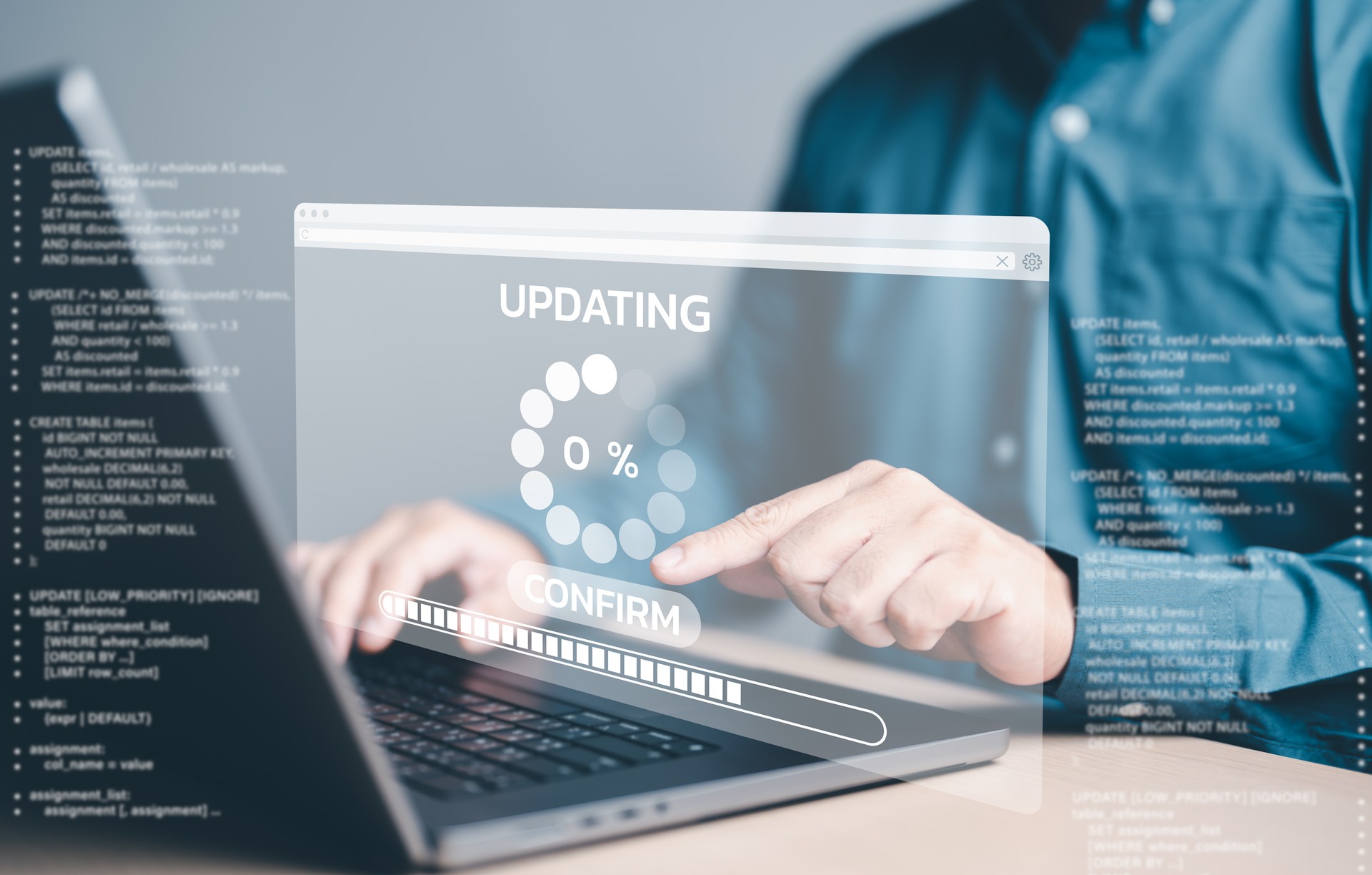 Update software application and hardware upgrade technology concept, Firmware or Operating System update, Man using computer with comfirm button and percent progress bar screen. Installing app patch.